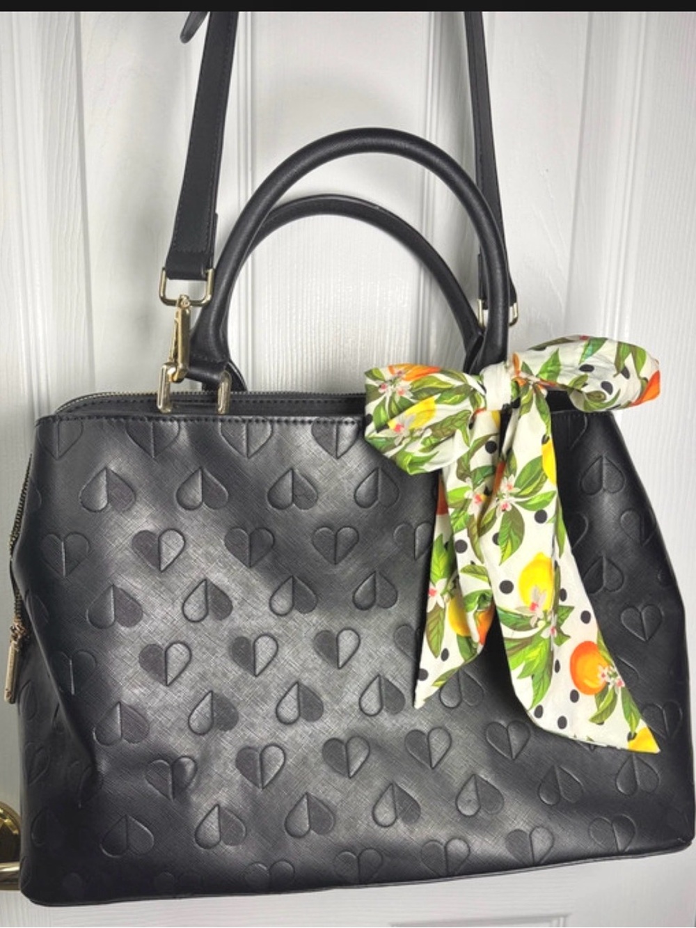 Betsey Johnson Embossed Heart Satchel Purse Large Bag Black with Purse Scarf
